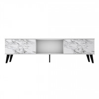 Manhattan Comfort 176AMC208 Doyers 70.87 Mid-Century Modern TV Stand in White and Marble Stamp